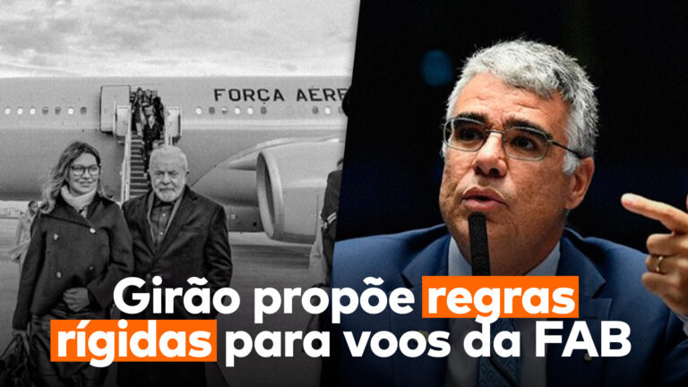 No lado esquerdo, Lula e Janja saem de um avião da FAB, e do lado direito, o senador do NOVO, Eduardo Girão, que apresentou o projeto propondo regras contra o uso abusivo de voos da FAB por autoridades.