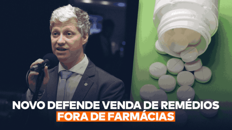 O deputado do NOVO, Marcel van Hattem, aparece acima da frase “NOVO defende venda de remédios fora de farmácias”. A proposta busca garantir remédios mais baratos.