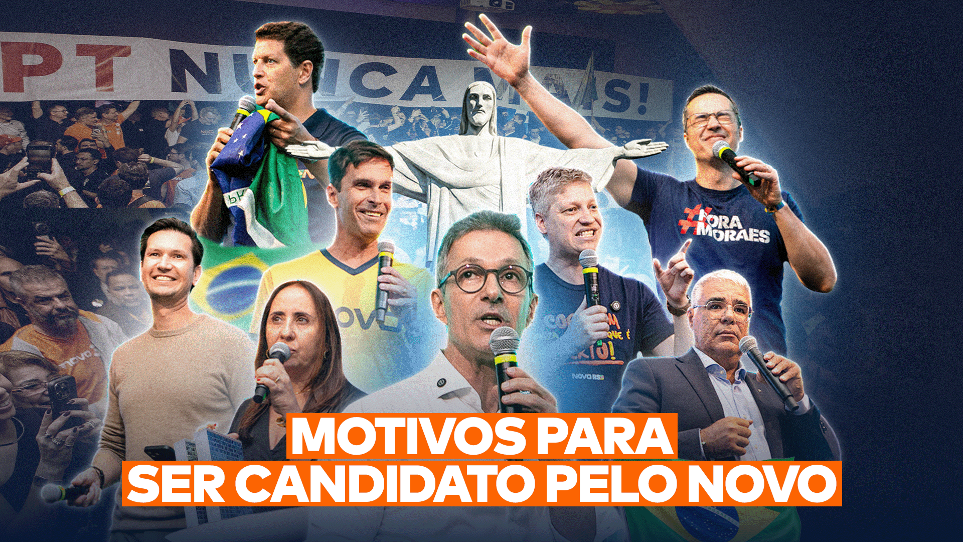 Na capa da matéria “Por Que e Como Ser Candidato Político pelo NOVO nas Eleições de 2026?”, aparecem as principais lideranças do Partido, como Zema, van Hattem e Deltan Dallagnol.