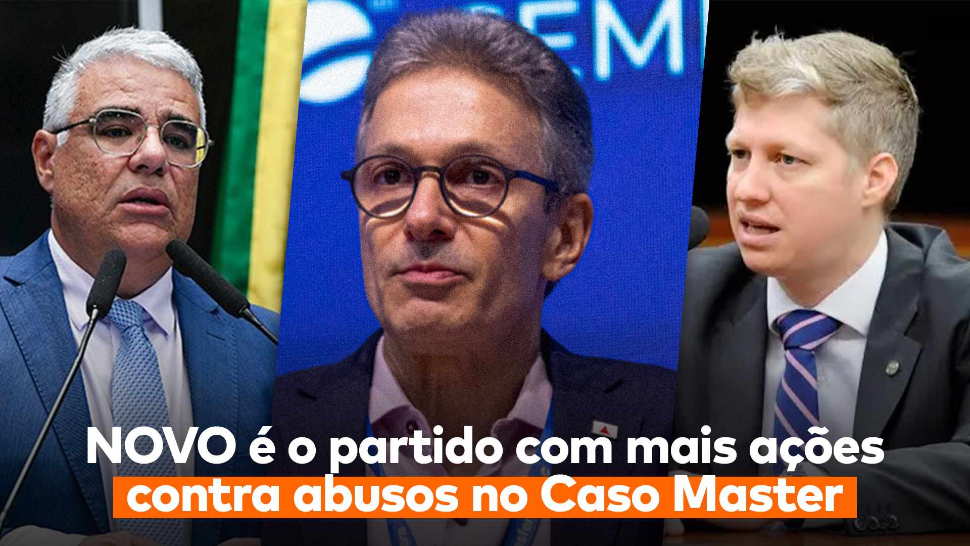 No arte do texto sobre o Caso Master e os abusos do STF, lê-se “NOVO é o partido com mais ações contra abusos no Caso Master”. Acima da frase, Romeu Zema aparece no meio, com Eduardo Girão à sua esquerda e Marcel van Hattem à sua direita.