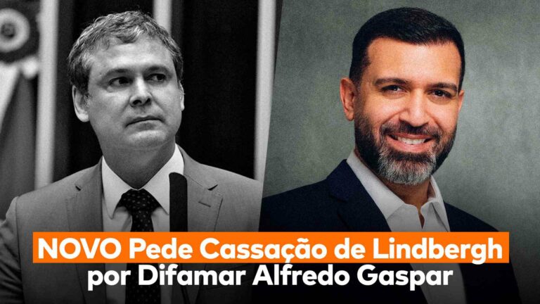 Tela dividida coloca o presidente do NOVO, Eduardo Ribeiro, de um lado, o deputado Lindbergh Farias, que chamou Alfredo Gaspar de “estuprador”, do outro e abaixo deles a frase ““NOVO Pede Cassação de Lindbergh por Difamar Alfredo Gaspar”.