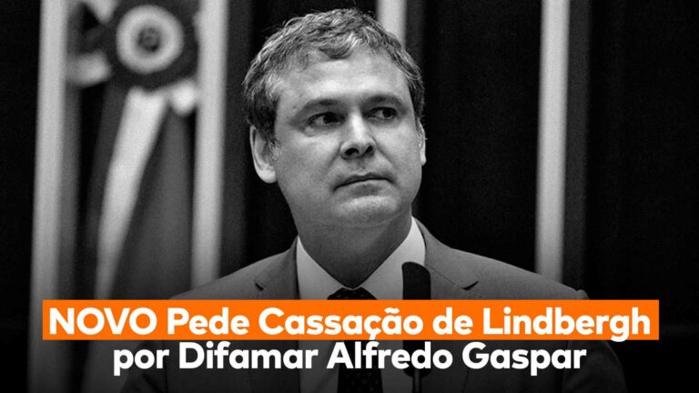 Tela dividida coloca o presidente do NOVO, Eduardo Ribeiro, de um lado, o deputado Lindbergh Farias, que chamou Alfredo Gaspar de “estuprador”, do outro e abaixo deles a frase ““NOVO Pede Cassação de Lindbergh por Difamar Alfredo Gaspar”.