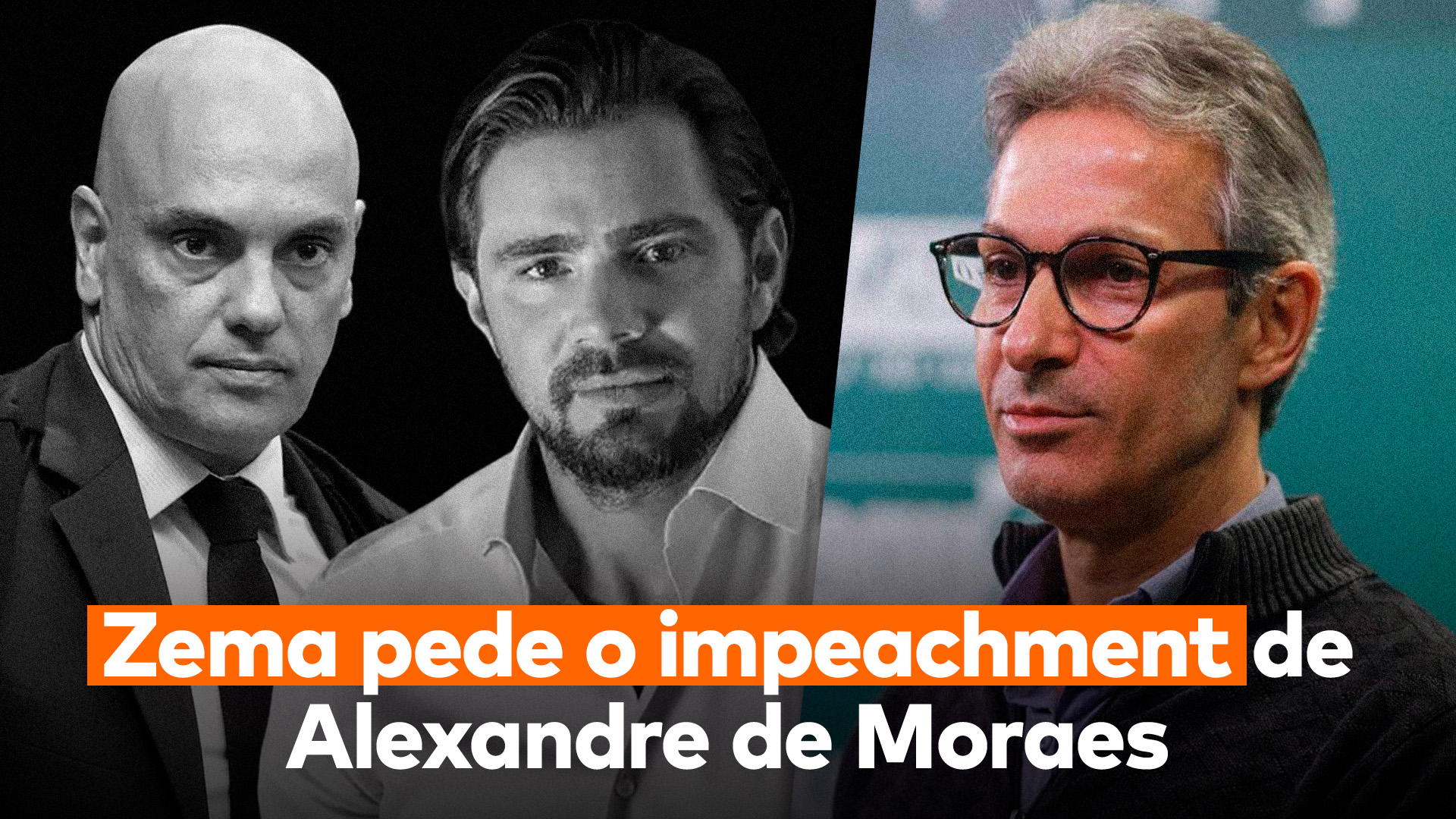 Do lado esquerdo, o ministro do STF e Daniel Vorcaro, do lado direito, Romeu Zema, e abaixo deles a frase “Zema pede o impeachment de Alexandre de Moraes”.