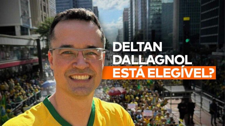 A imagem da matéria “Deltan Dallagnol Está Elegível em 2026 e Pode Ser Candidato?” mostra Deltan em uma manifestação de rua e a frase “Deltan Dallagnol está elegível?”.