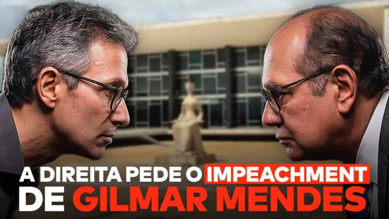 De um lado, Romeu Zema, do outro Gilmar Mendes, e entre eles a frase “A direita pede o impeachment de Gilmar Mendes”.