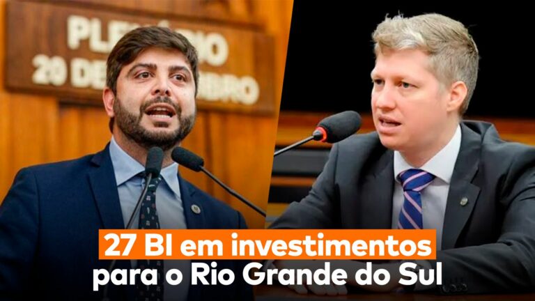 O deputado federal Marcel van Hattem e o deputado estadual Felipe Camozzato aparecem juntos acima da frase “27 BI em investimentos para o Rio Grande do Sul”.
