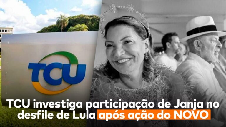 A frase “TCU investiga participação de Janja no desfile de Lula após ação do NOVO” aparece abaixo da fachada do TCU e Janja fantasiada no Desfile de Carnaval de Lula.