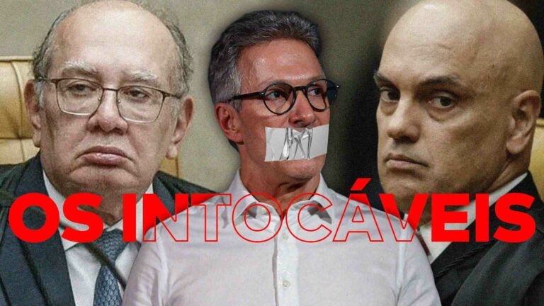 Da esquerda para a direita, Gilmar Mendes, que censurou Zema e pediu sua inclusão no Inquérito das Fake News, Romeu Zema com uma fita na boca e Alexandre de Moraes.