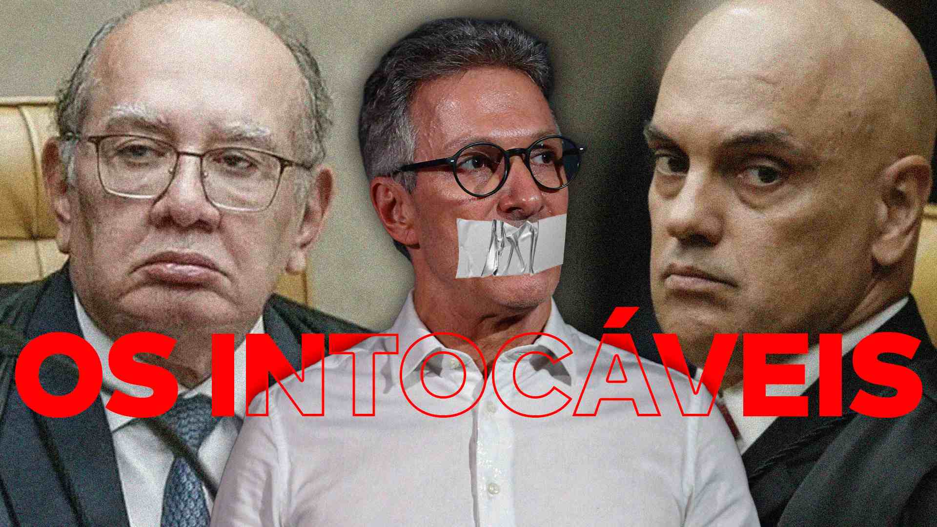 Da esquerda para a direita, Gilmar Mendes, que censurou Zema e pediu sua inclusão no Inquérito das Fake News, Romeu Zema com uma fita na boca e Alexandre de Moraes.