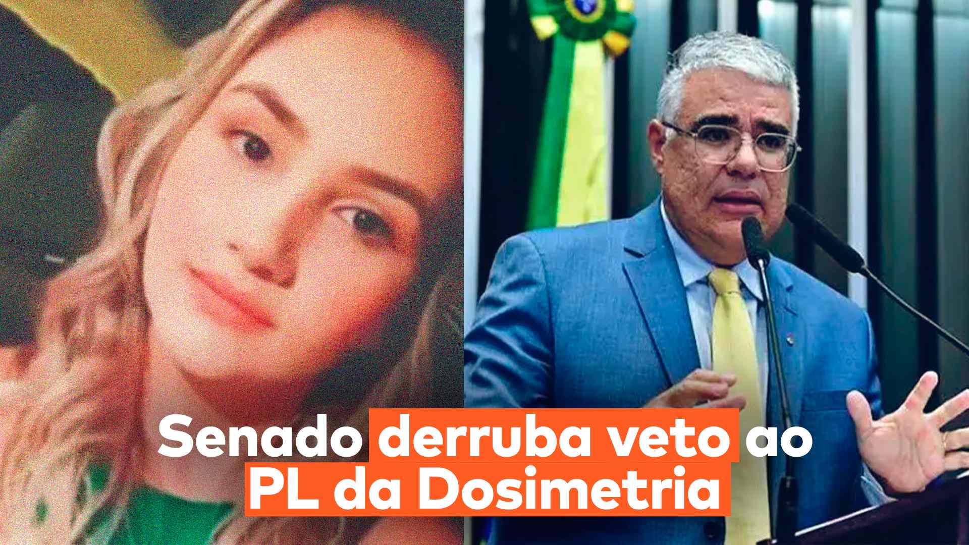 A arte da matéria mostra a frase “Senado derruba veto ao PL da Dosimetria” abaixo do senador Eduardo Girão e de Débora Rodrigues, a “Débora do Batom”.