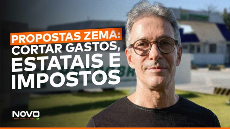 Na imagem da matéria das propostas de Romeu Zema, que consistem em privatizações, corte de gastos e impostos, o pré-candidato à presidência aparece ao lado da frase “Propostas Zema: cortar gastos, estatais e impostos”.