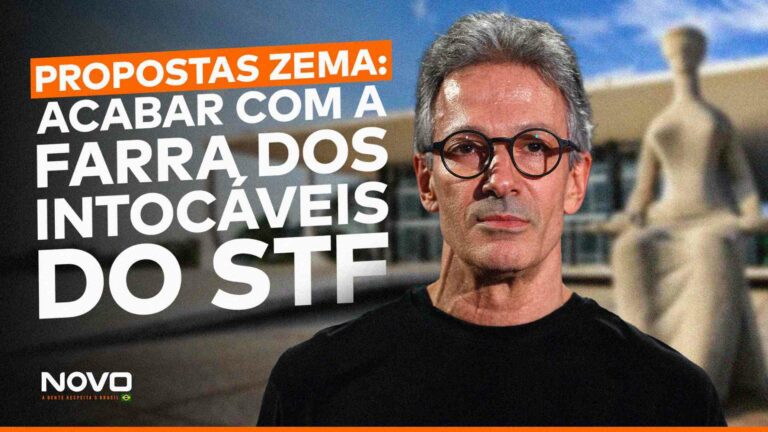 Na arte da matéria sobre a proposta de Zema para a reforma do STF, o ex-governador de Minas aparece com o STF ao fundo e ao lado da frase “Propostas Zema: acabar com a farra dos intocáveis do STF”.