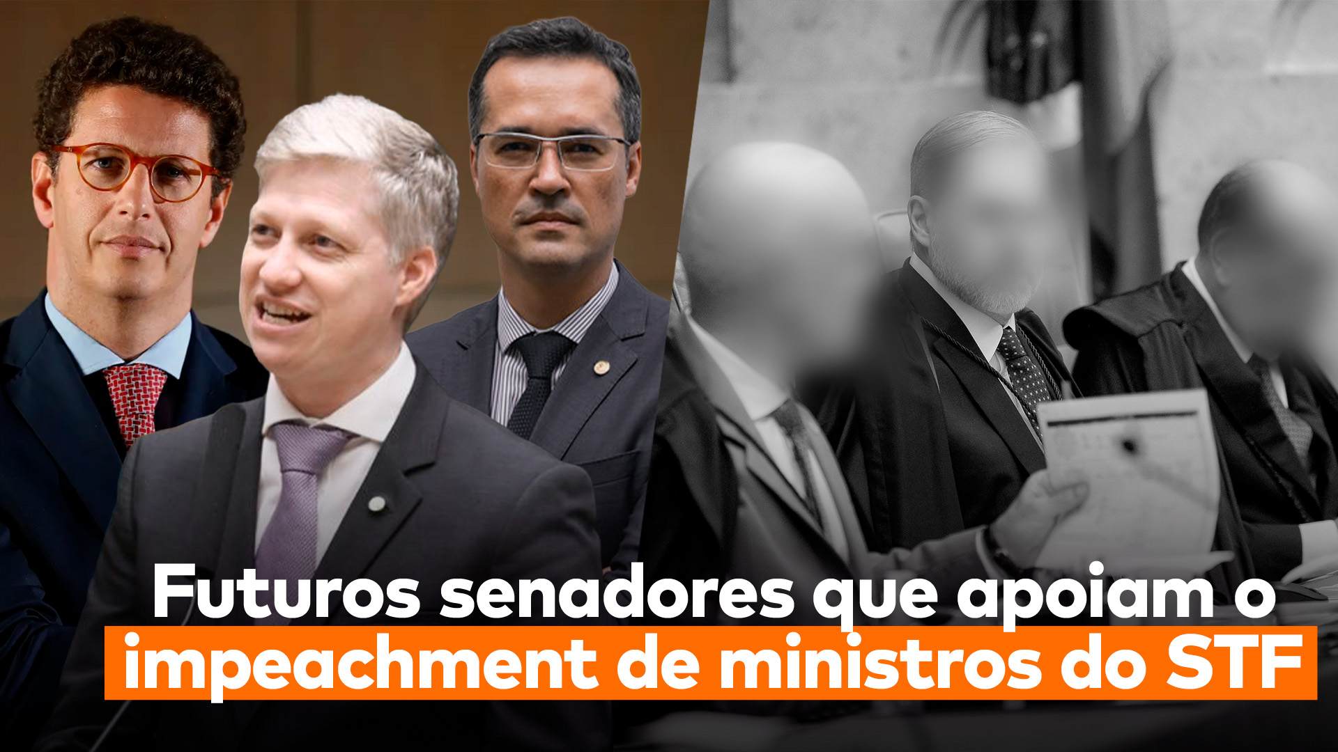 Na imagem da matéria “Eleições 2026: NOVO Formaliza Obrigação de que Futuros Senadores Apoiem Impeachment de Ministros e Demais Diretrizes”, aparecem os pré-candidatos a senador pelo NOVO de um lado e ministros do STF com o rosto borrado do outro.