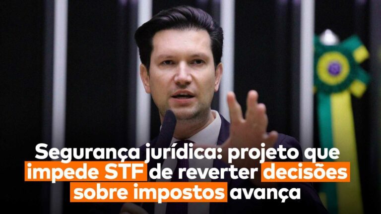 A arte da matéria sobre a proposta de Gilson Marques mostra o deputado e a frase “Segurança jurídica: projeto que impede STF de reverter decisões sobre impostos avança”.