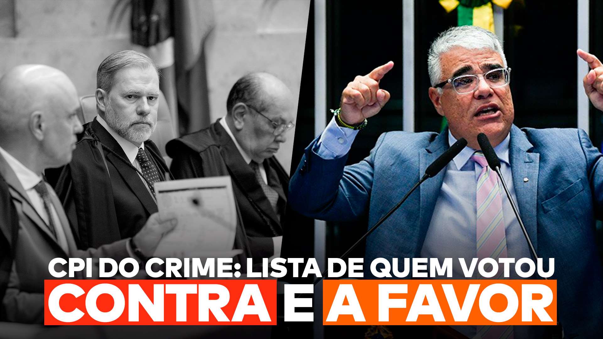 Do lado esquerdo, os ministros do STF, Alexandre de Moraes, Dias Toffoli e Gilmar Mendes, e do direito, o senador Eduardo Girão, que “sim” na votação do relatório da CPI do Crime, que indicia os três magistrados.