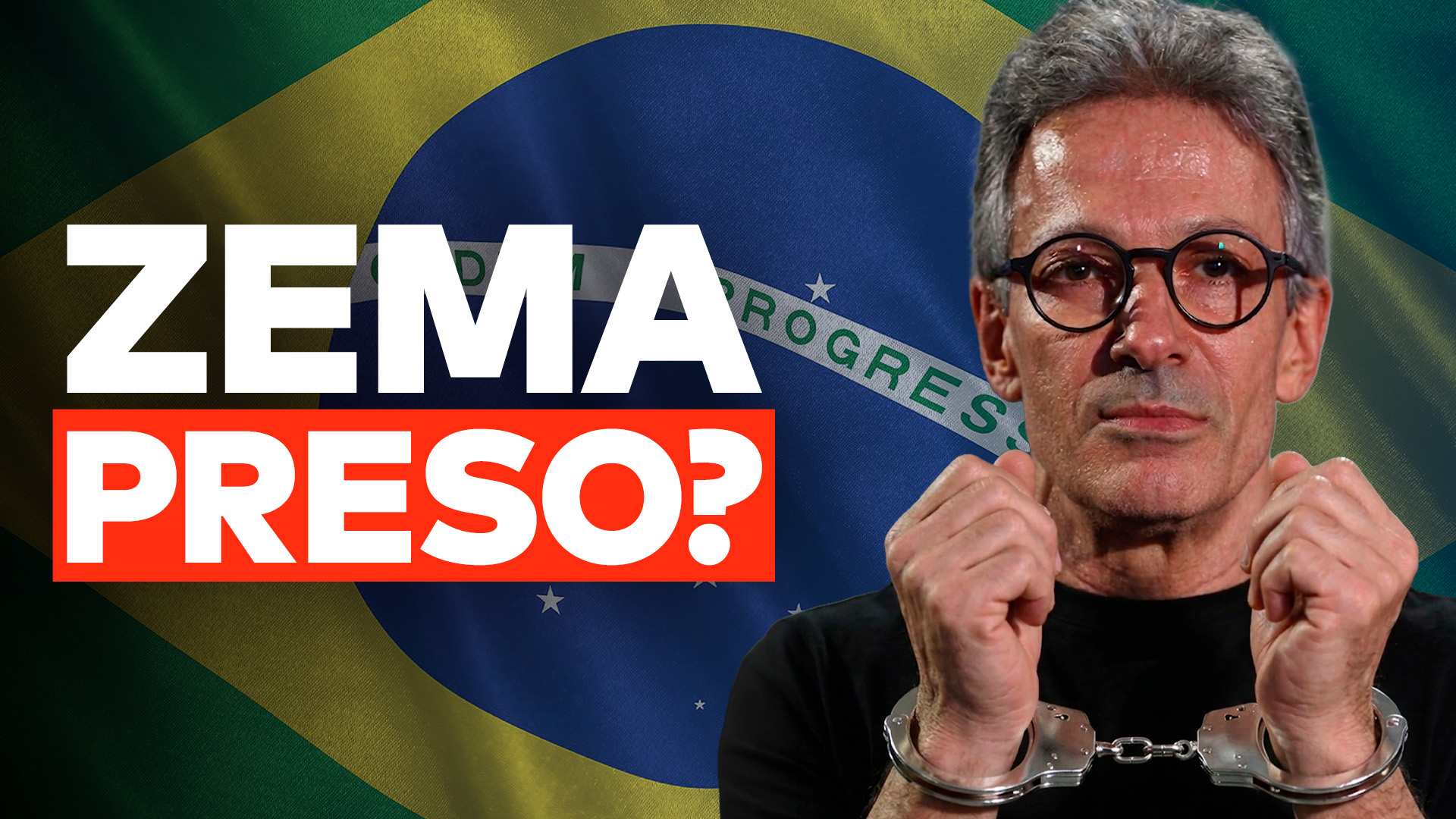O pré-candidato a presidente do NOVO, Romeu Zema, aparece algemado e com a bandeira do Brasil no rosto com a frase “Zema preso?” abaixo dele.