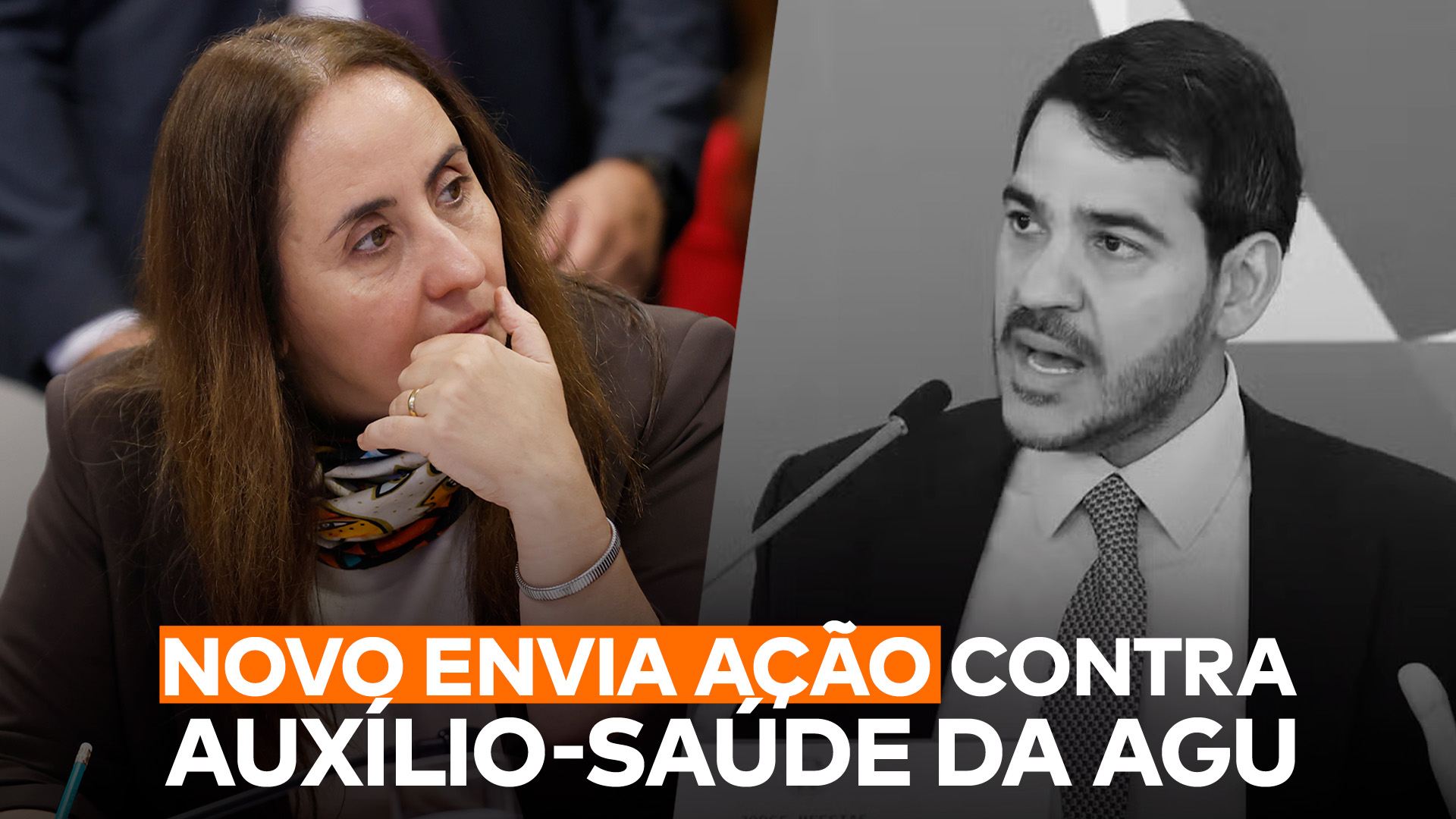 À esquerda, Adriana Ventura, à direita, Jorge Messias, e abaixo deles a frase "NOVO envia ação contra auxílio-saúde da AGU”.