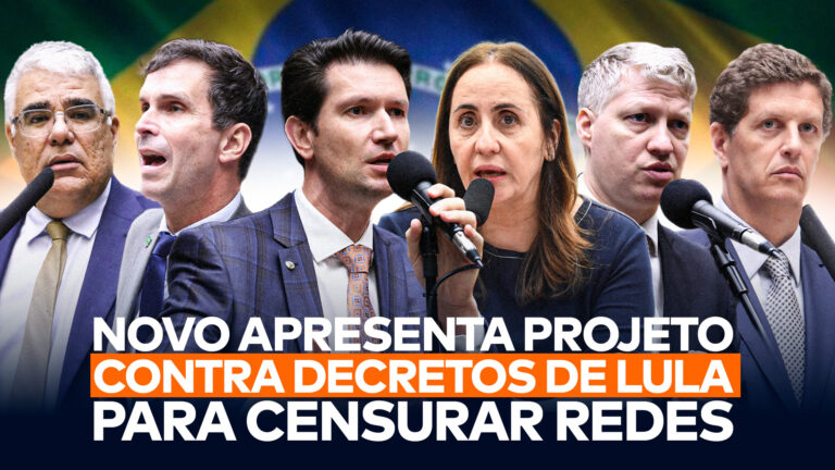 Da esquerda para a direita: o senador Eduardo Girão (NOVO-CE) e os deputados Luiz Lima, Gilson Marques, Adriana Ventura, Marcel van Hattem e Ricardo Salles. Abaixo deles, aparece a frase "NOVO apresenta projeto contra decretos de Lula para censurar redes”.