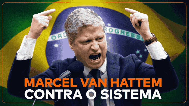Na arte da matéria “Suspensão, STF e Processos Contra Marcel van Hattem” Marcel aparece acima da frase “Marcel van Hattem contra o sistema ” e com a bandeira do Brasil no fundo.