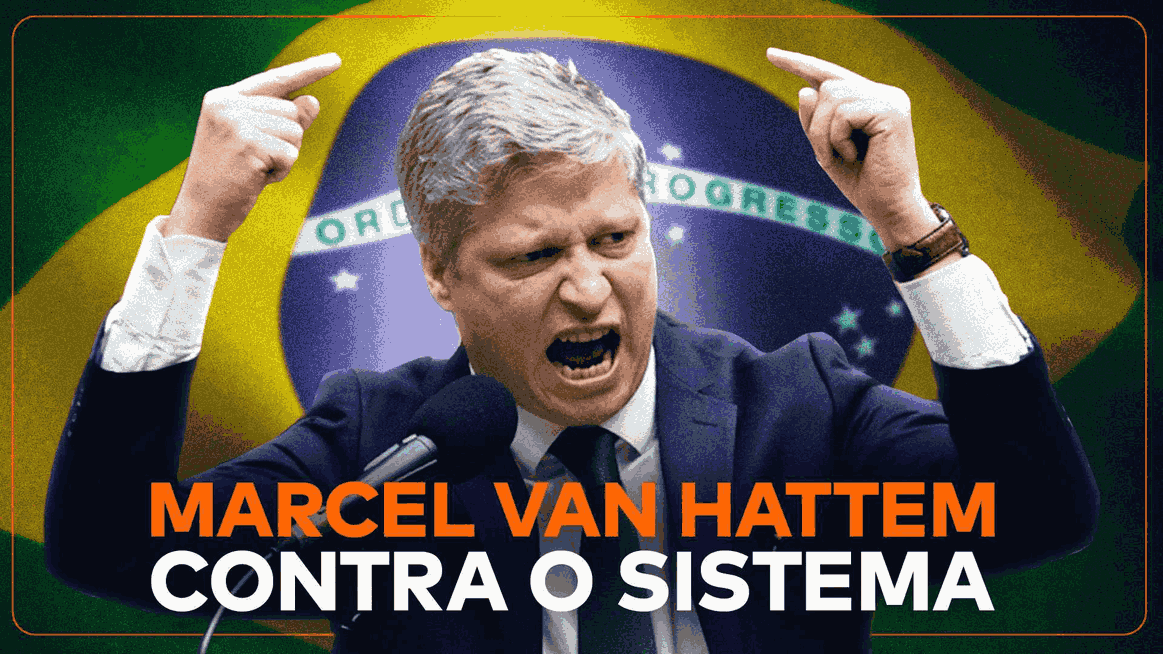 Na arte da matéria “Suspensão, STF e Processos Contra Marcel van Hattem” Marcel aparece acima da frase “Marcel van Hattem contra o sistema ” e com a bandeira do Brasil no fundo.