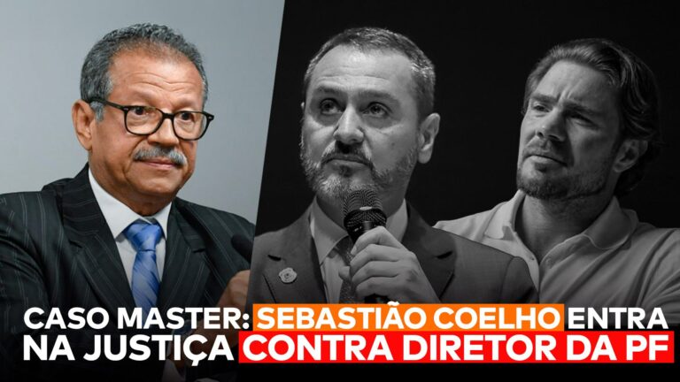 Sebastião Coelho aparece de um lado, do outro, Andrei Rodrigues e Daniel Vorcaro em preto e branco, e abaixo deles a frase "Caso Master: Sebastião Coelho entra na justiça contra viagem do diretor da PF”.