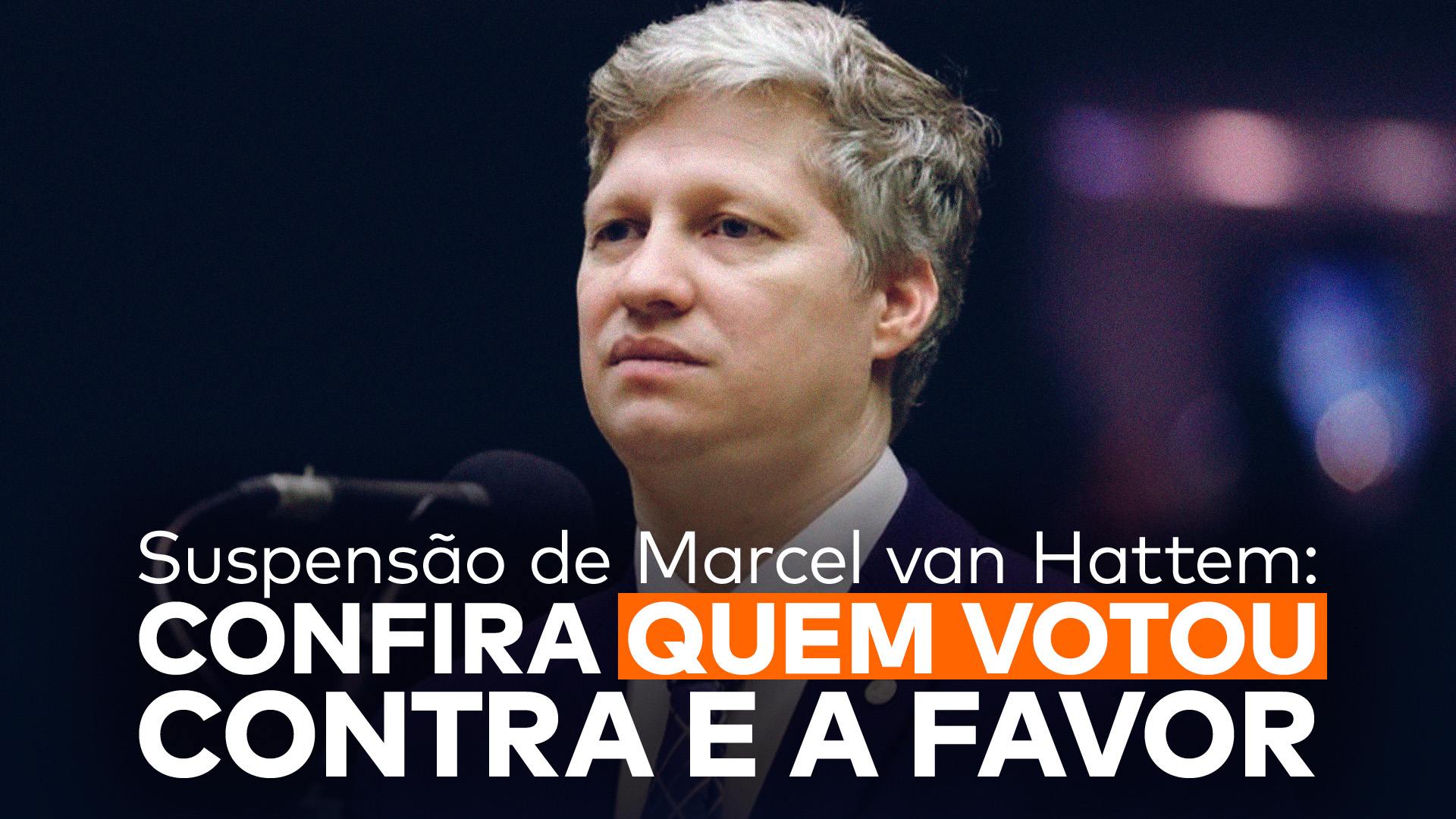 Marcel aparece acima da frase "Suspensão de Marcel van Hattem: confira quem votou contra e a favor”.