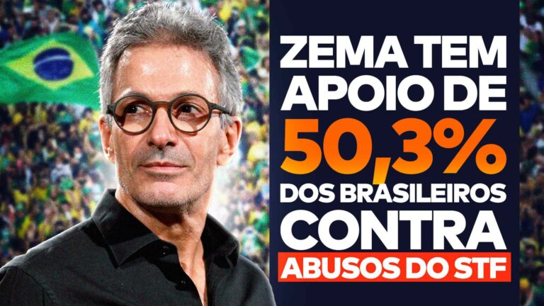 Romeu Zema aparece no centro, com uma multidão de manifestantes de verde e amarelo no fundo e ao lado dele a frase "Zema tem apoio de 50,3% dos brasileiros contra abusos do STF”.