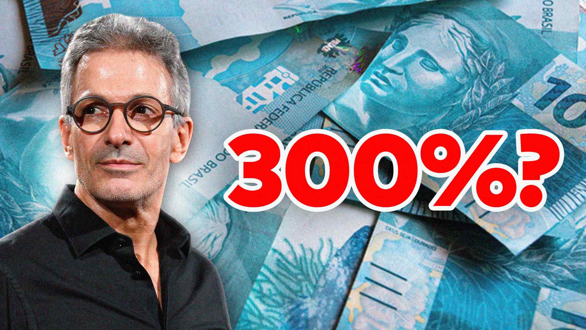 Na arte da matéria “Zema Aumentou o Próprio Salário? Saiba a Verdade em 5 Pontos”, Romeu Zema aparece no centro com o fundo repleto de notas de 100 e ao lado dele o termo “300%?”.