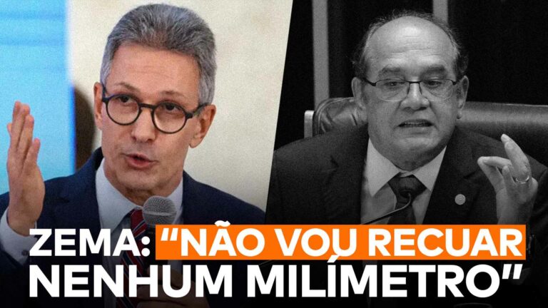 Texto alt: Romeu Zema aparece de um lado, Gilmar Mendes, aliado da PGR, do outro e abaixo deles a frase "Zema: “Não Vou Recuar Nenhum Milímetro”" .