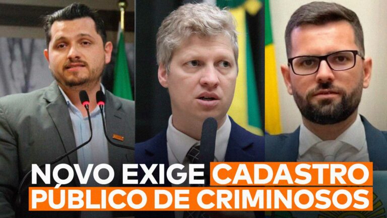 Na matéria sobre a ação do NOVO exigindo a implementação do cadastro público de predadores sexuais, aparecem Felipe Hort, Marcel van Hattem e André de Oliveira abaixo da frase “NOVO Exige cadastro público de criminosos”.