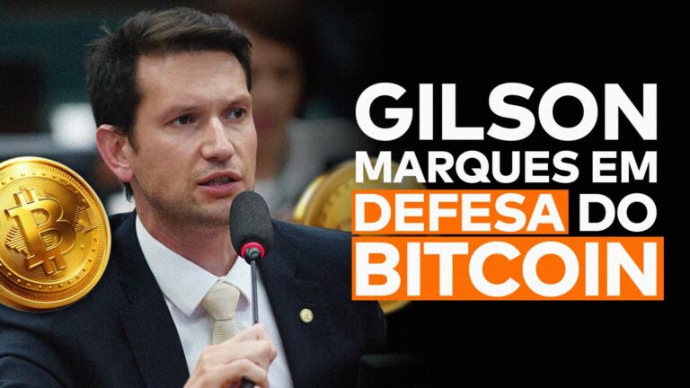Gilson Marques aparece ao lado da frase “Gilson Marques em defesa do Bitcoin e das criptomoedas”.