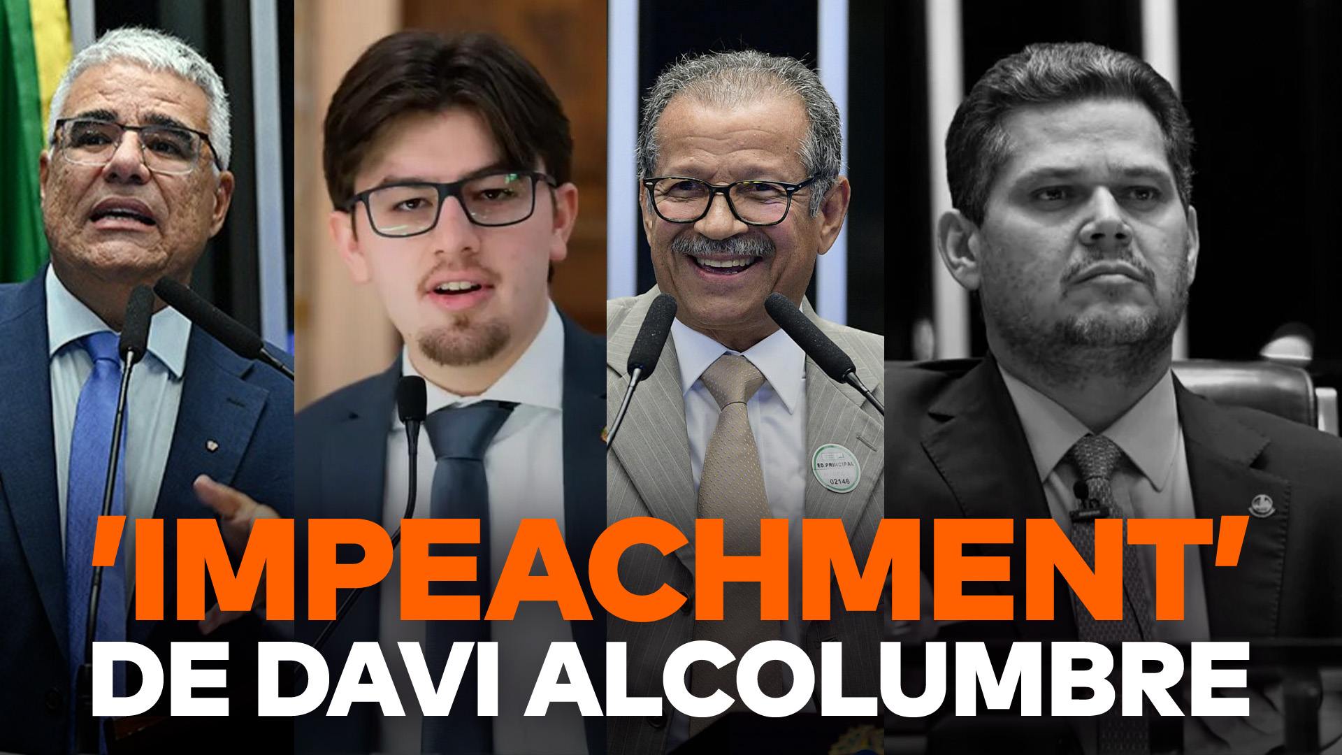 Eduardo Girão, Guilherme Kilter e Sebastião Coelho aparecem de um lado, o presidente do Senado, Davi Alcolumbre, do outro, e abaixo deles a frase “’Impeachment’ de Davi Alcolumbre”.