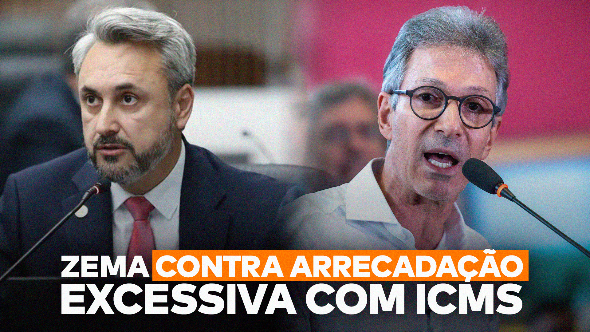 De um lado, Romeu Zema, do outro, o deputado estadual Fábio Oliveira, e abaixo deles, a frase “Zema contra arrecadação excessiva com ICMS”.