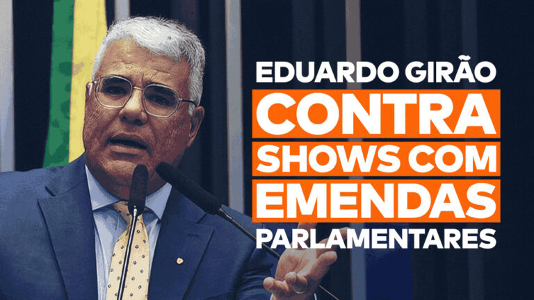 Show com emendas parlamentares: Eduardo Girão aparece junto com a frase "Eduardo Girão contra shows com emendas parlamentares".