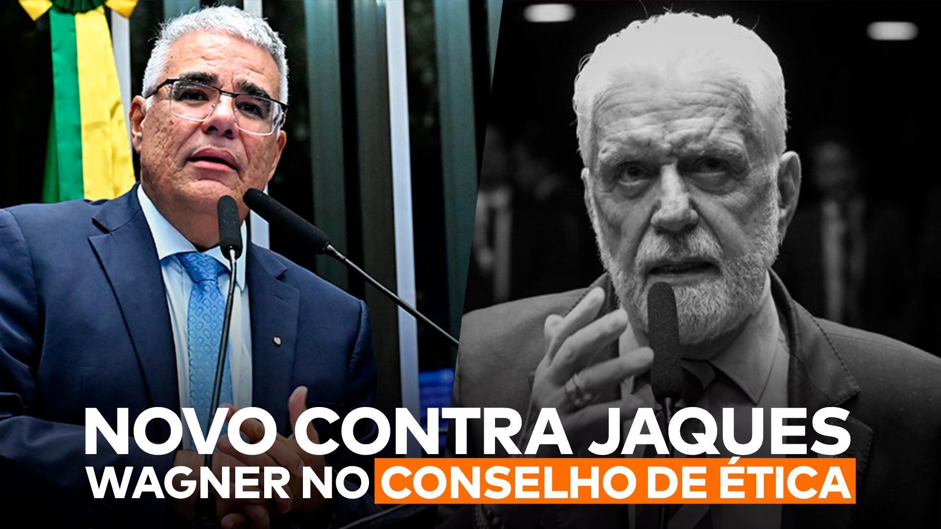O senador Eduardo Girão aparece de um lado, Jaques Wagner, suspeito de envolvimento no Caso Master, do outro, e abaixo deles a frase “NOVO contra Jaques Wagner no Conselho de Ética”.