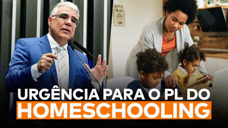 O senador Eduardo Girão aparece ao lado de uma família em educação domiciliar e abaixo deles lê-se a frase “Urgência para o PL do Homeschooling”.