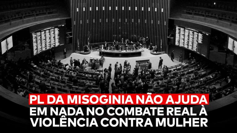 Na arte da matéria “O Que É o PL da Misoginia? Entenda Isso e 4 Pontos Negativos” aparece a frase “PL da Misoginia não ajuda em nada no combate real à violência contra mulher” com plenário da Câmara dos Deputados ao fundo.