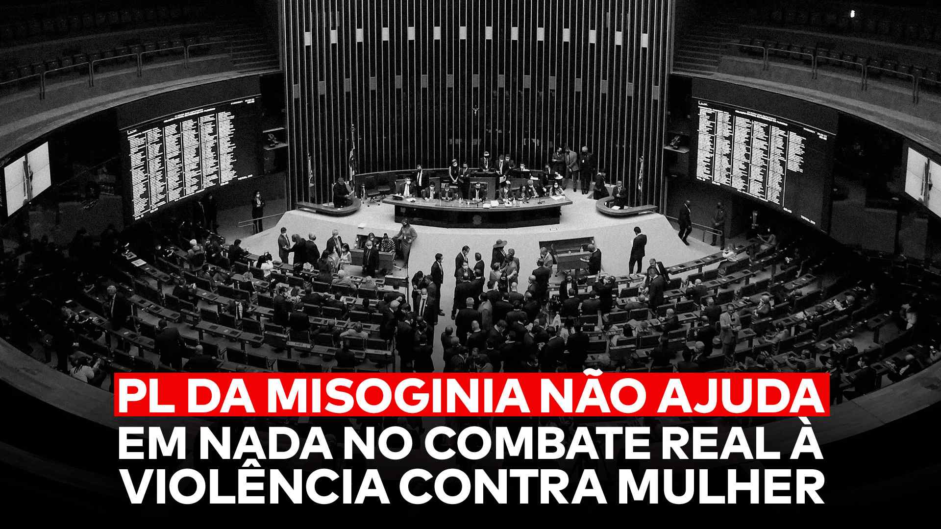 Na arte da matéria “O Que É o PL da Misoginia? Entenda Isso e 4 Pontos Negativos” aparece a frase “PL da Misoginia não ajuda em nada no combate real à violência contra mulher” com plenário da Câmara dos Deputados ao fundo.