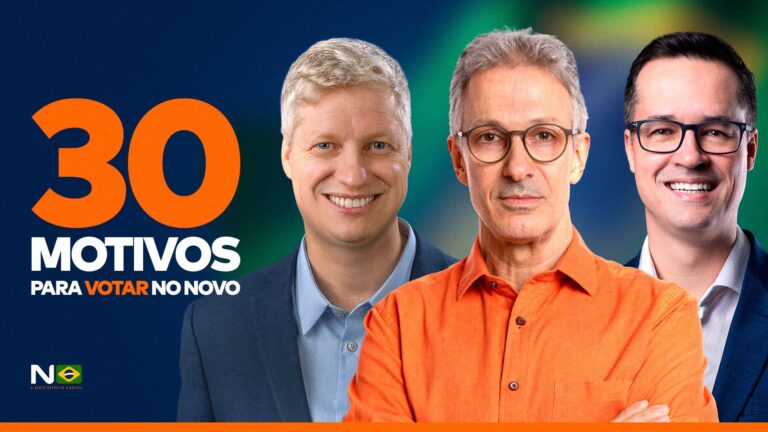 A imagem mostra a frase “30 motivos para votar em candidatos do Partido Novo”, junto com Marcel van Hattem, Romeu Zema e Deltan Dallagnol.
