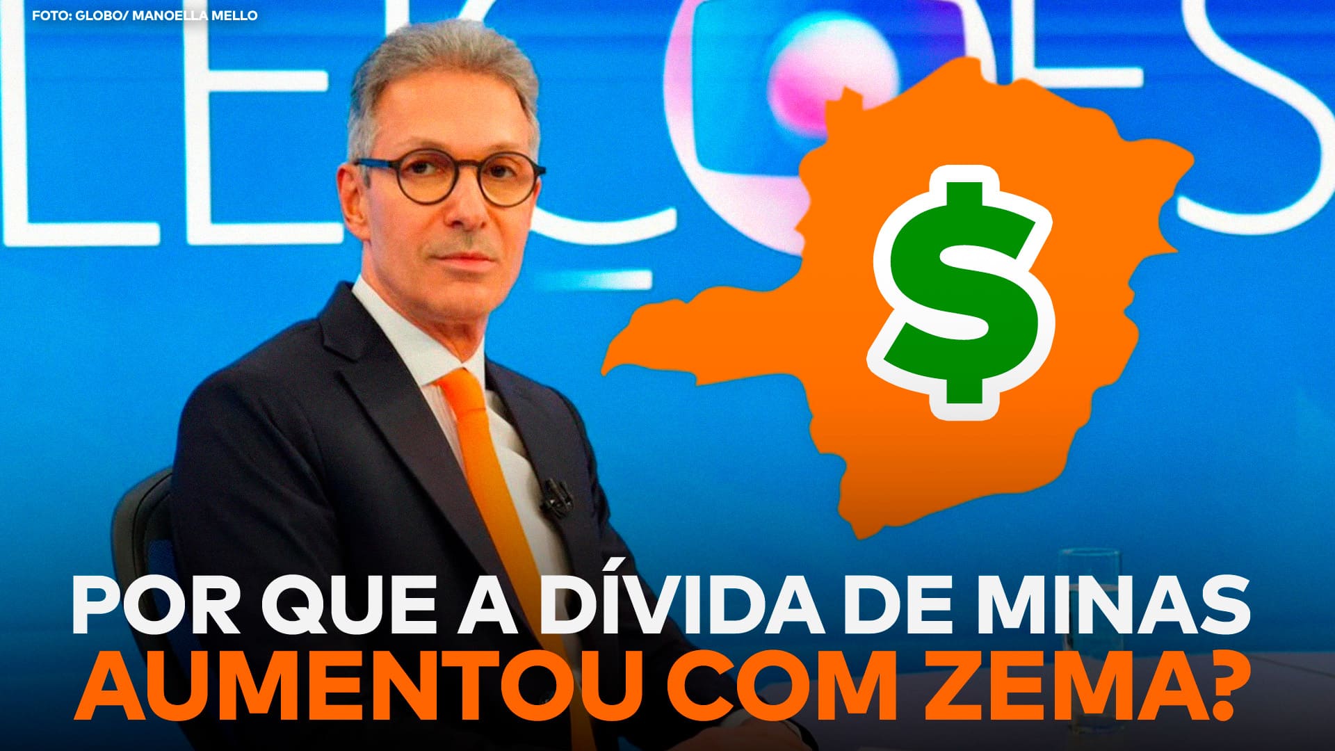 A imagem mostra a frase “Por que a dívida de Minas Gerais aumentou com o governo Zema” na parte inferior, com o ex-governador, Romeu Zema, ao lado de um mapa do estado com um “$” no meio.
