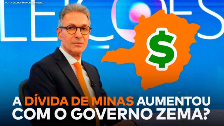 A imagem mostra a frase “A dívida de Minas aumentou com o governo Zema?” na parte inferior, com o ex-governador, Romeu Zema, ao lado de um mapa do estado com um “$” no meio.