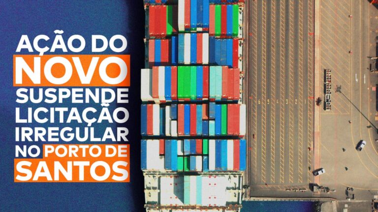 A deputada Adriana Ventura aparece com o Porto de Santos ao fundo e ao lado da frase “Ação do NOVO suspende licitação irregular no Porto de Santos”.