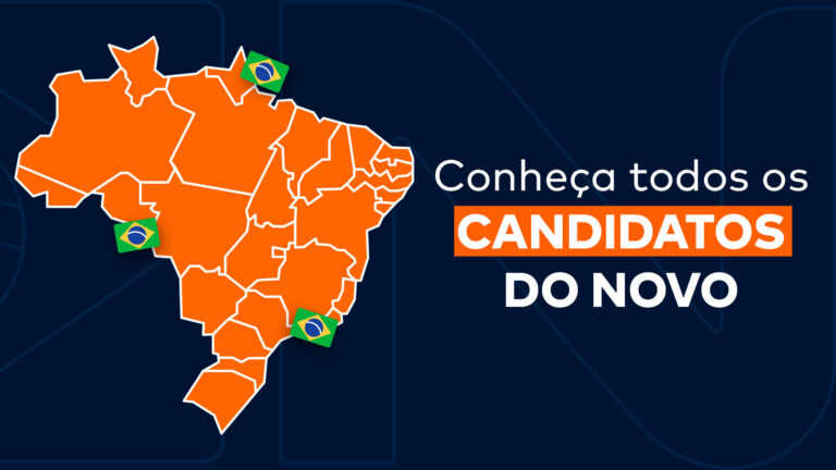 A imagem da matéria “Candidatos Partido Novo 2026: veja a lista” mostra o mapa do Brasil em laranja com as divisórias dos estados e ao lado a frase “Conheça todos os candidatos do NOVO”.