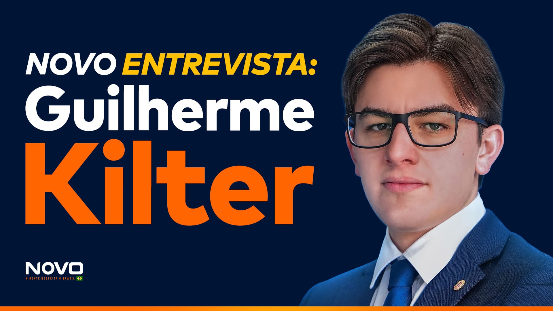 A imagem mostra a frase “NOVO Entrevista: Guilherme Kilter” ao lado da foto do candidato a deputado federal pelo PR, Guilherme Kilter.