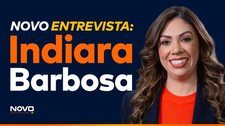 A imagem mostra a frase “NOVO Entrevista: Indiara Barbosa” ao lado da foto da candidata a deputada federal pelo PR, Indiara Barbosa.