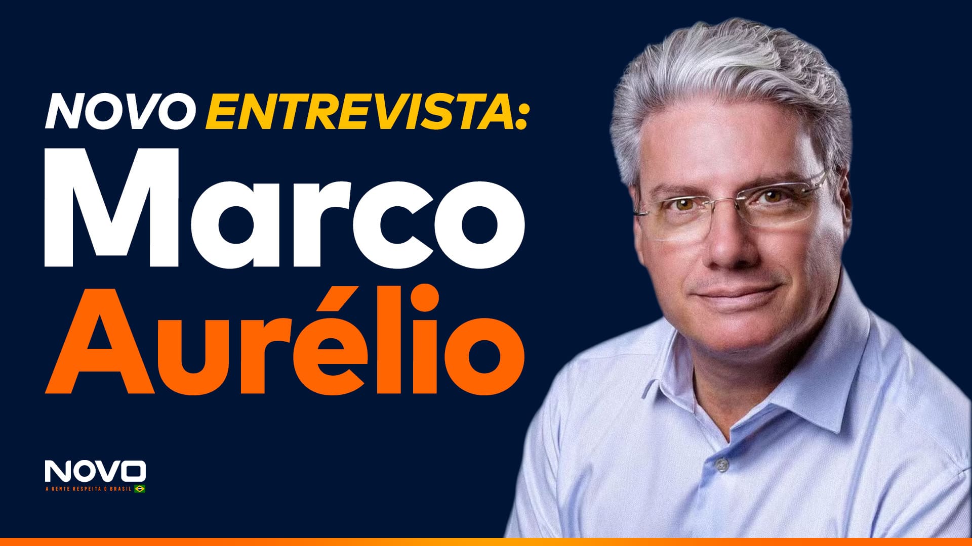 A imagem mostra a frase “NOVO Entrevista: Marco Aurélio” ao lado de Marco Aurélio, candidato a deputado federal por SP.