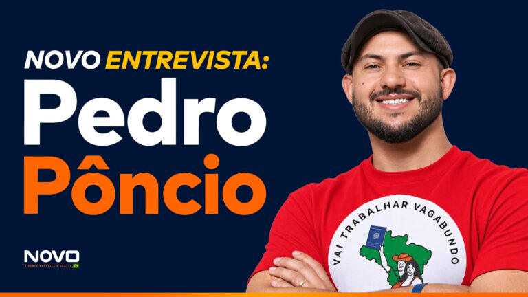 A imagem mostra a frase “NOVO Entrevista: Pedro Pôncio” e o candidato a deputado federal por SP, Pedro Pôncio.