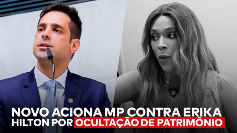 Imagem mostra Leo Siqueira, Erika Hilton e a frase “NOVO aciona MP contra Erika Hilton por ocultação de patrimônio”.