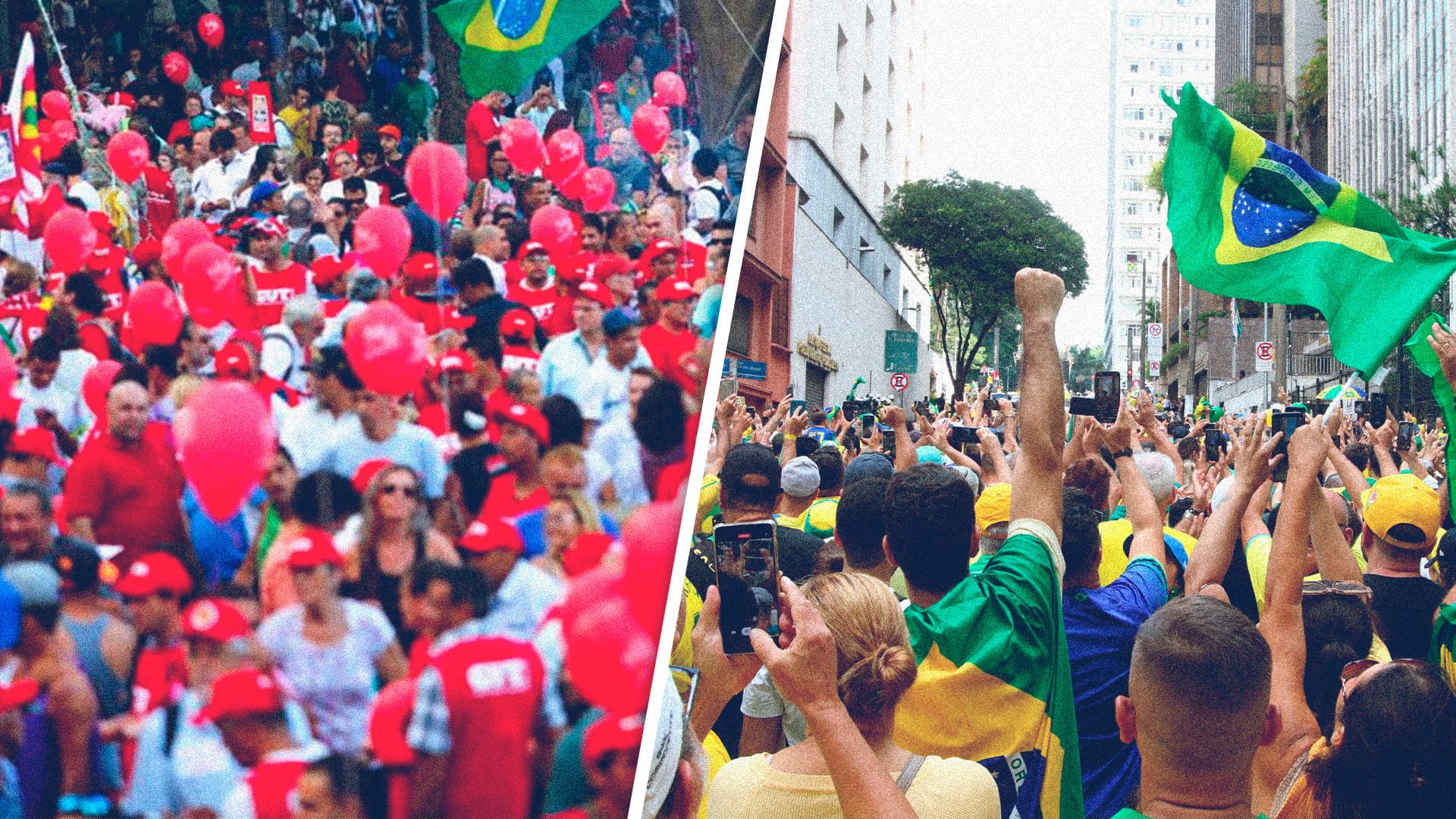 A arte mostra a frase “O Partido Novo 30 é de direita ou esquerda?” e manifestantes de esquerda e de direita ao fundo.