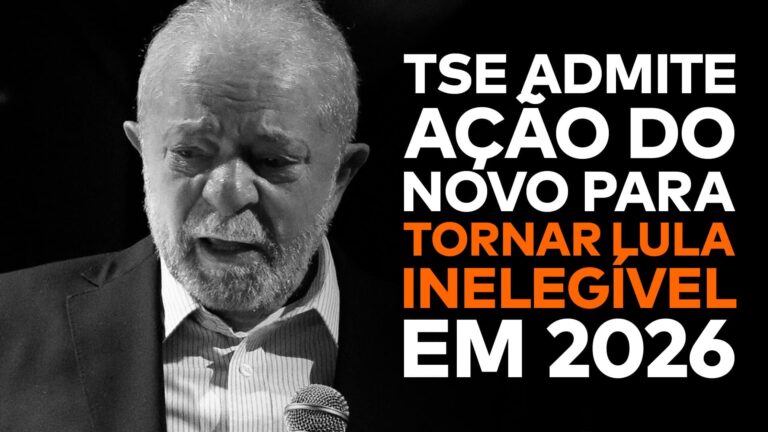 A imagem mostra a frase “TSE admite ação do NOVO para tornar Lula inelegível em 2026” e Lula chorando.